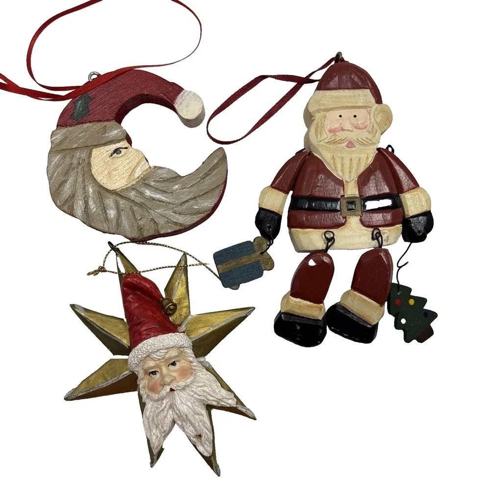 VTG Set Of 3‎ Wooden Ornaments Santa Hanger Articulated Star Santa Moon